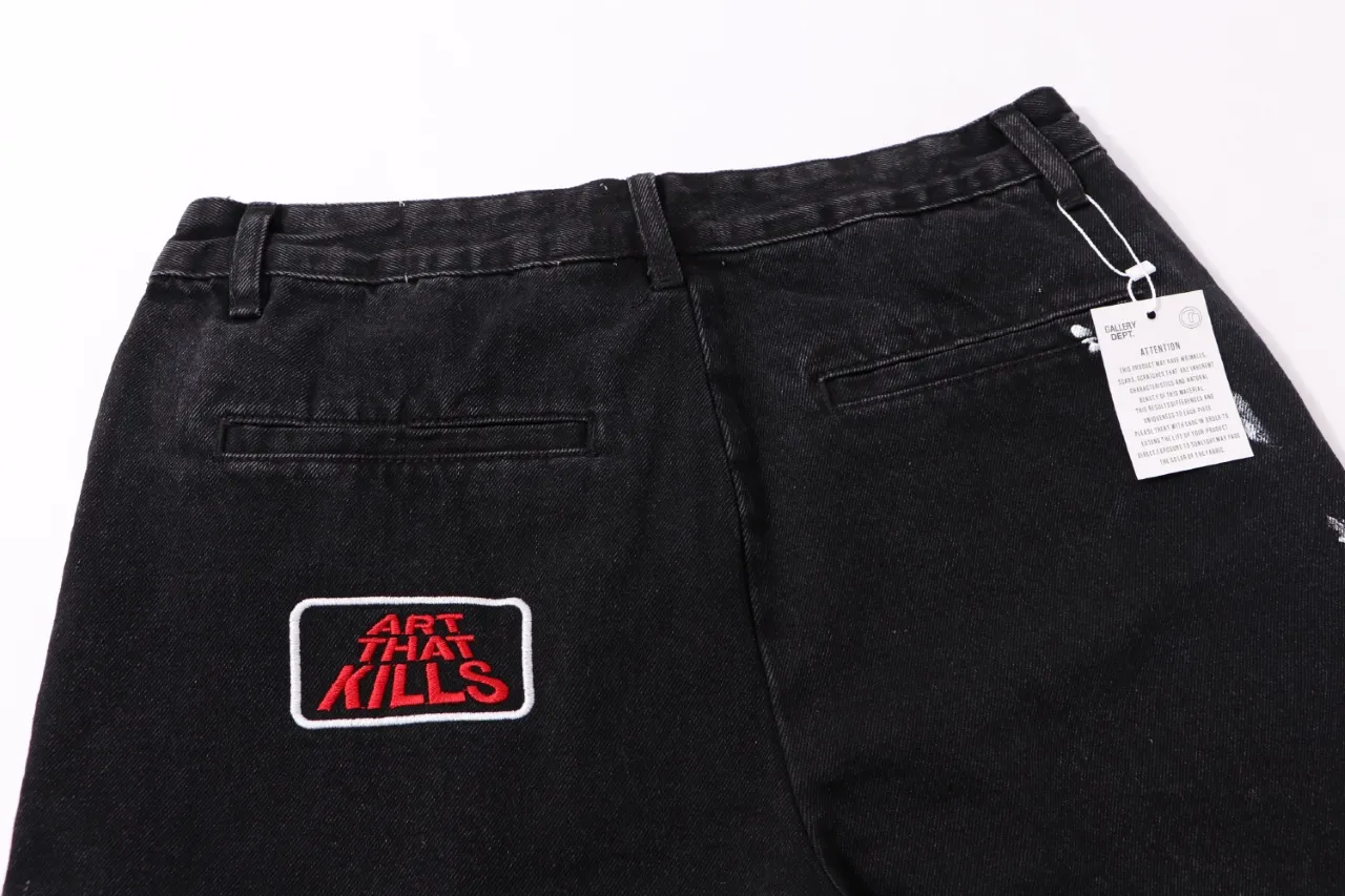 667#Gallery Dept New Retro Splash Ink Embroidery Logo Black Denim Shorts Casual Pants Black S~XL p200